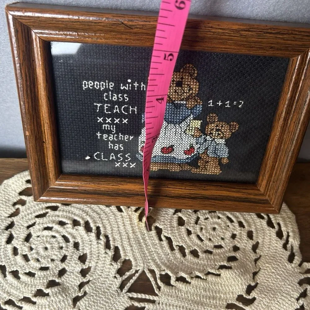 VTG Framed Cross Stitch Bears Teacher School Country‎ Cottagecore Academia